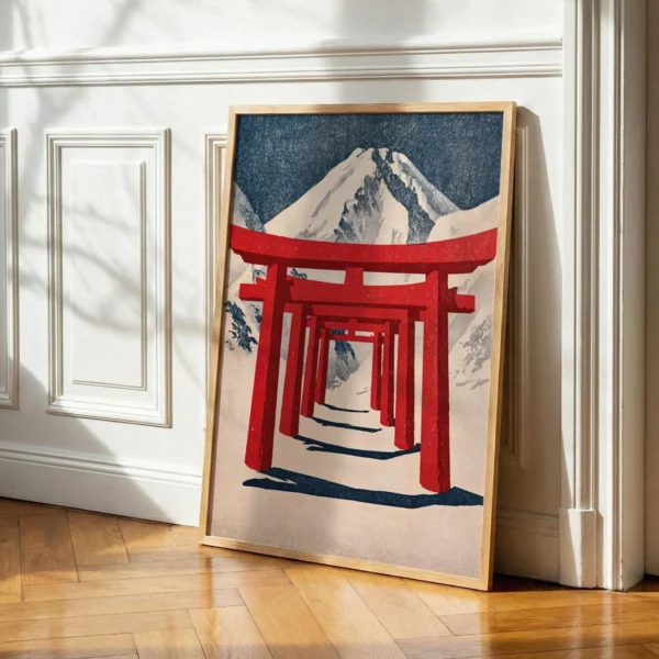 Torii Gate Art Print, Japan Travel Poster, Red Shrine Archway, Snowy Fuji Mountain Wall Decor