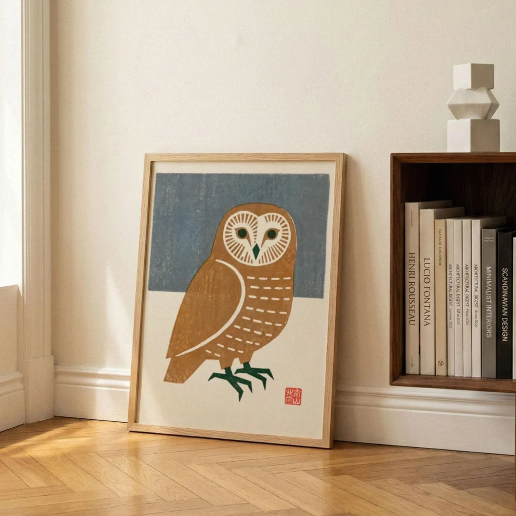 Mid-Century Japanese Owl Art Print (Earth Tone Japandi Folk Animal Poster)