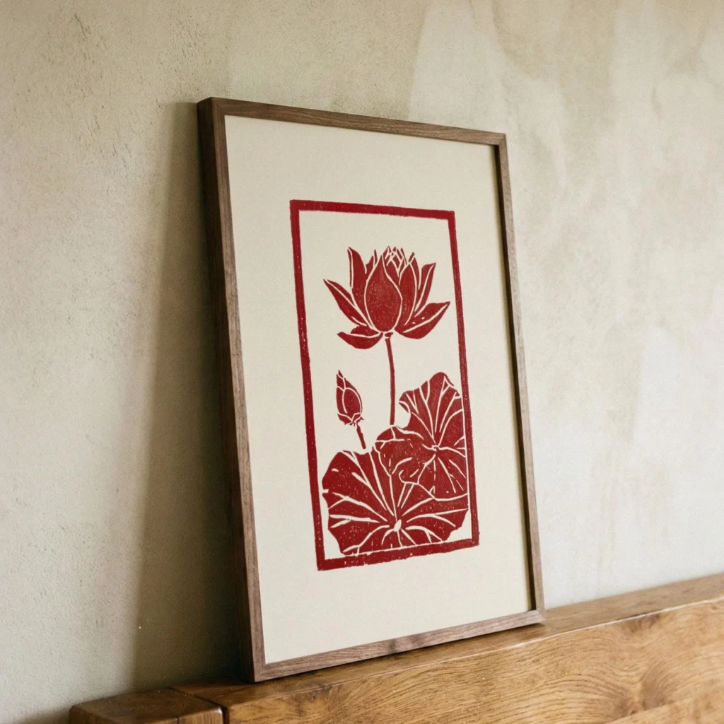 Red Linocut Lotus Flower Wall Art Print (Wabi Sabi Botanical Giclée Poster)