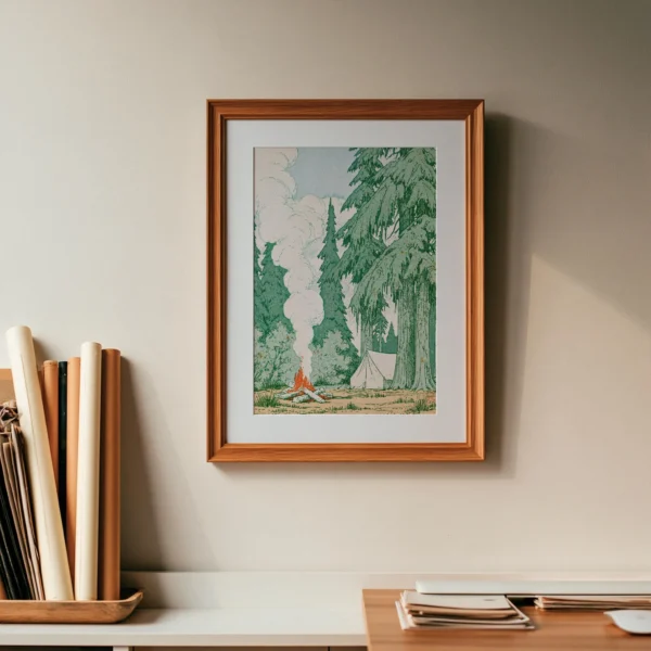 Forest Camping Art Print, Vintage Woodland Scene, Rustic Lodge Decor