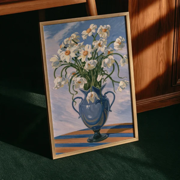 White Daisy Still Life Print, Blue Urn Floral Art, Art Nouveau Dining Room Decor