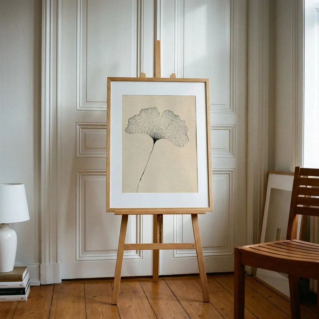 Ginkgo Leaf Botanical Print, Minimalist Line Art, Neutral Wall Decor