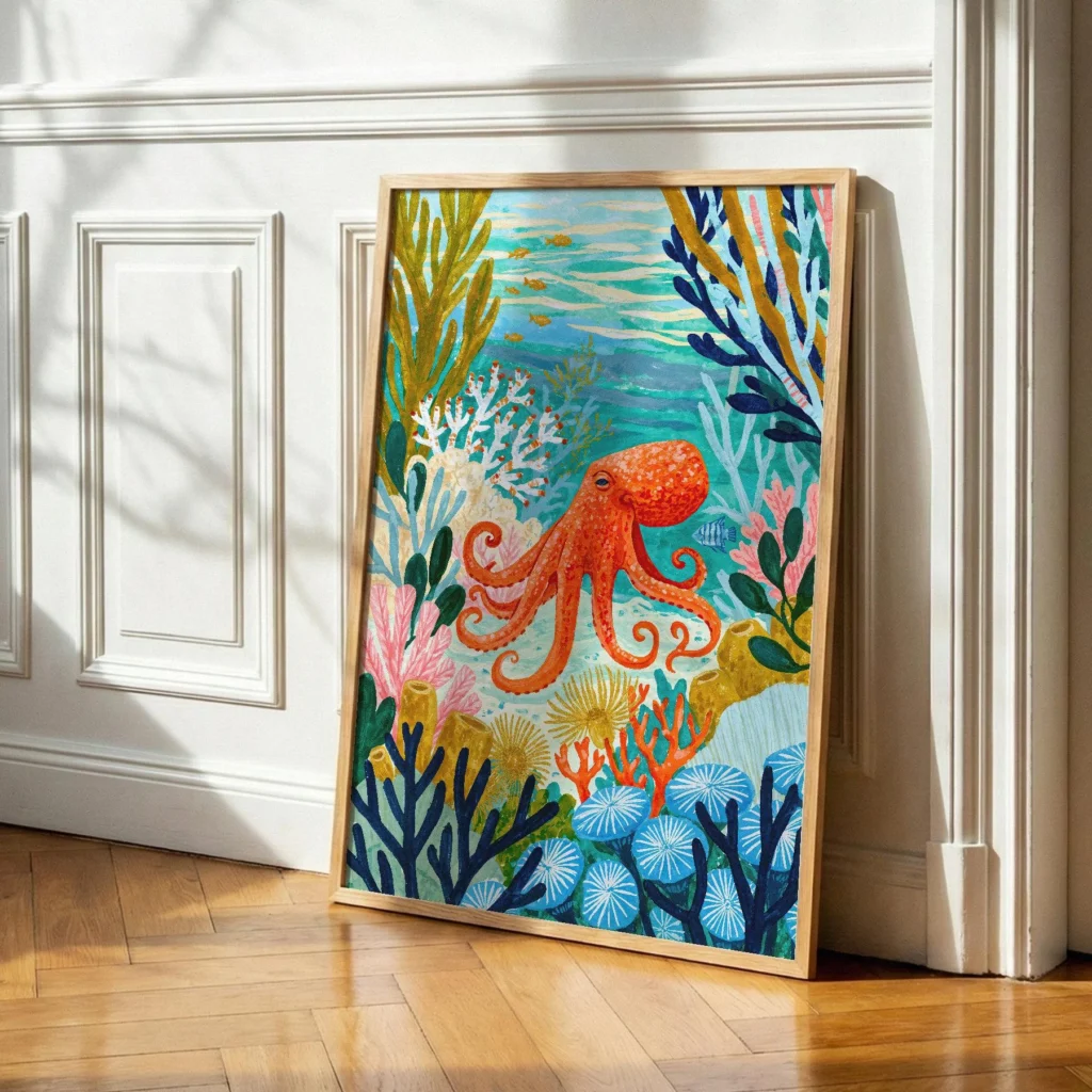 Colorful Octopus Art Print, Coastal Maximalist Decor, Underwater Ocean Wall Art