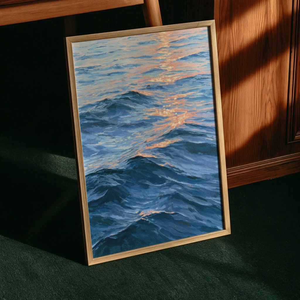 Ocean Wave Painting Art Print, Blue Coastal Wall Decor, Sunset Seascape